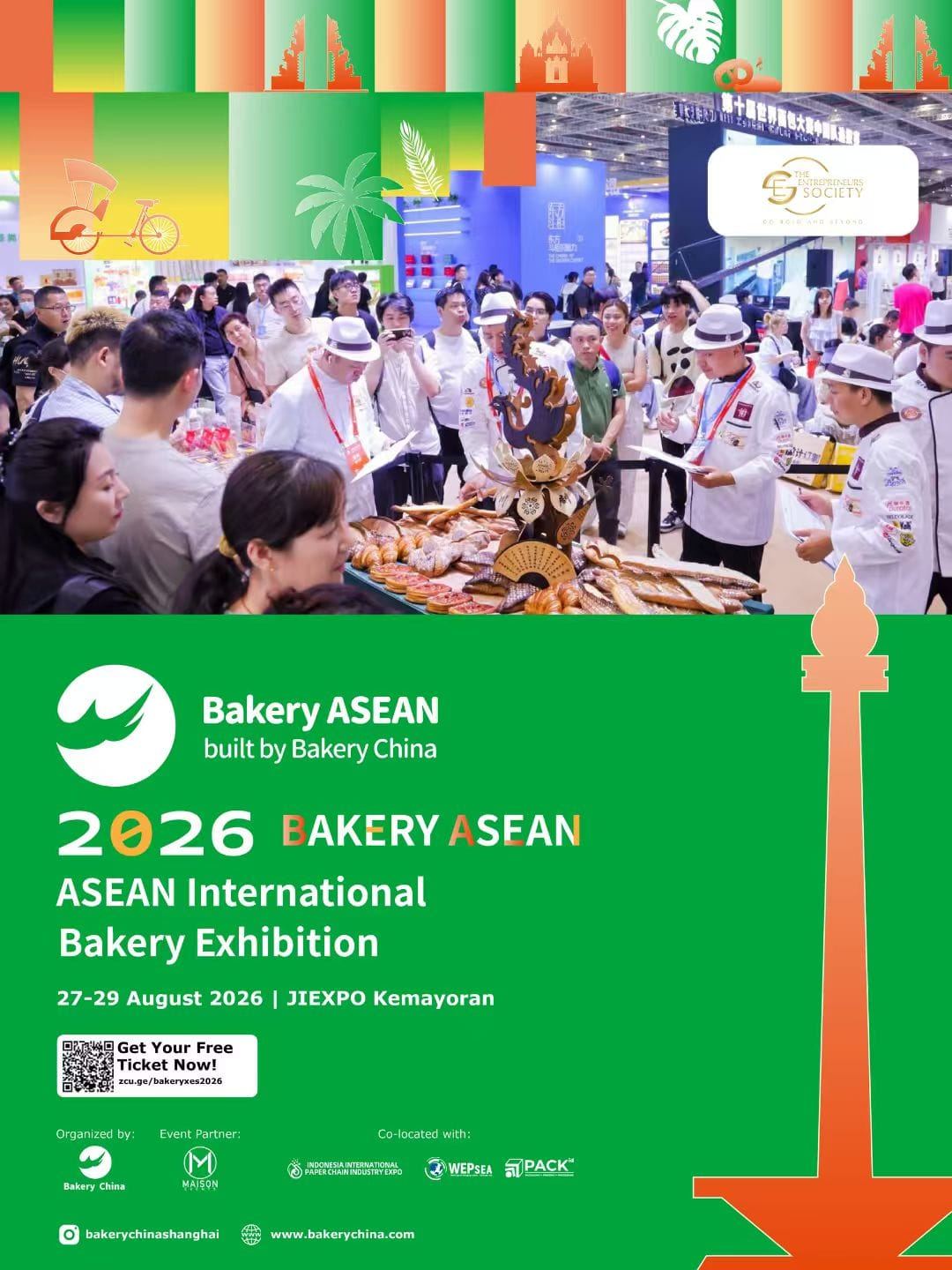 Bakery ASEAN 2026 poster with The Entrepreneurs Society as supporting community partner